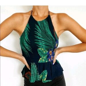 Patrons of Peace Smocked Halter Peplum Tropical Tank Small Green
